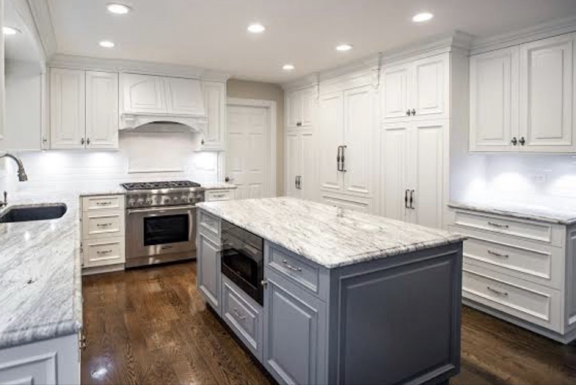 Remodeled kitchen with gray island
