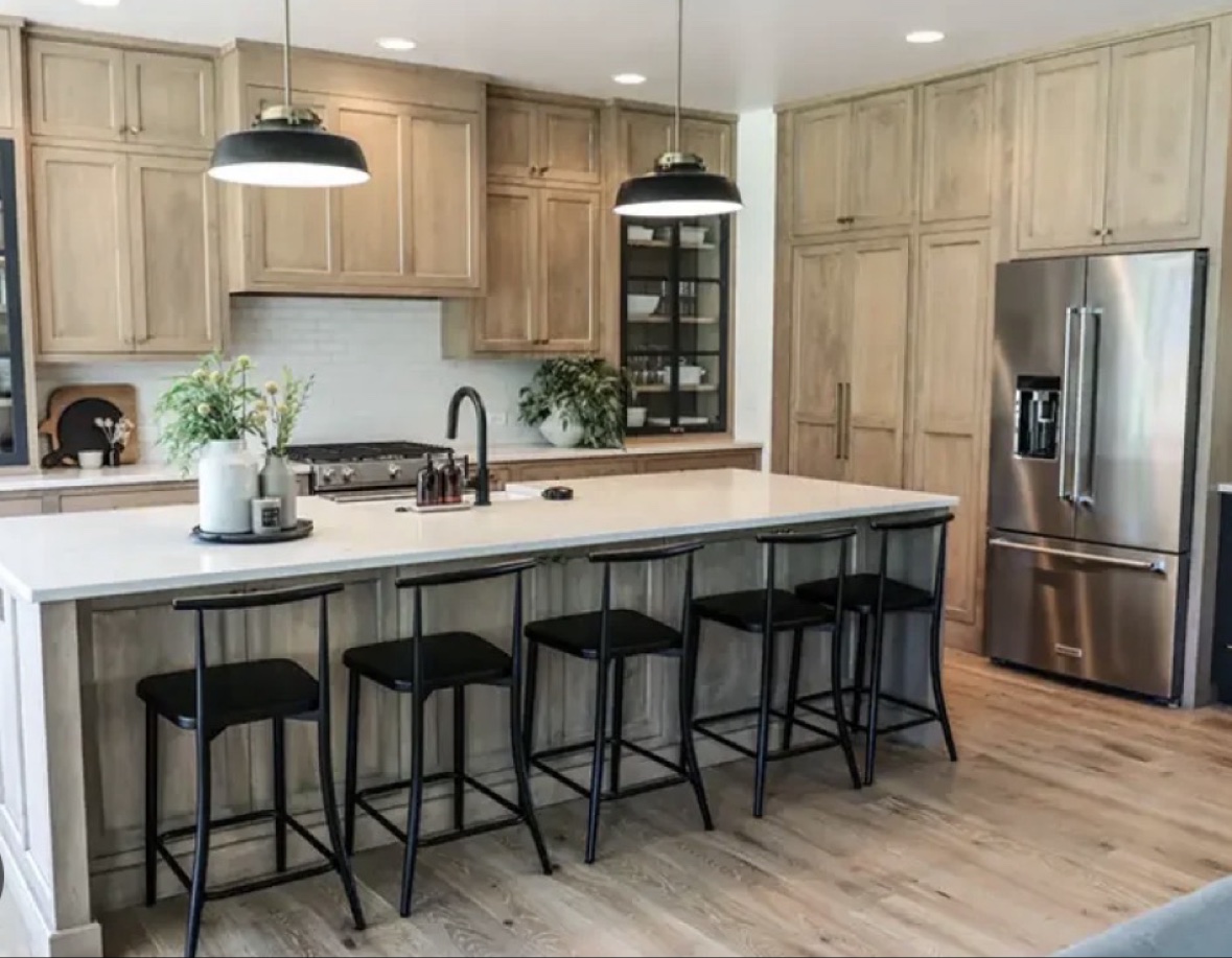 Natural wood kitchen with island seating